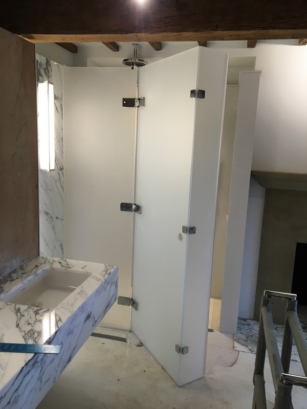 Bespoke frosted glass shower enclosure in Pimlico luxury bathroom
